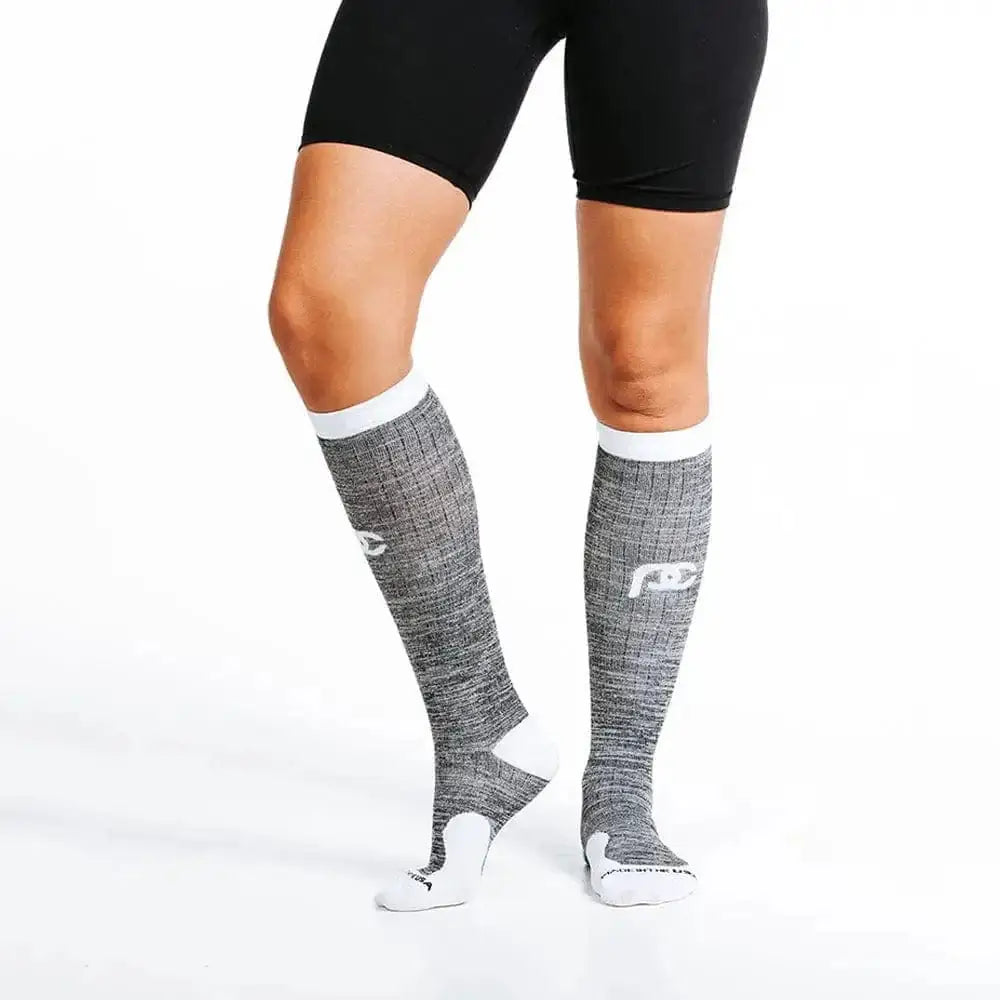 Grey and white knee-high compression socks for first responders in Heather Slate