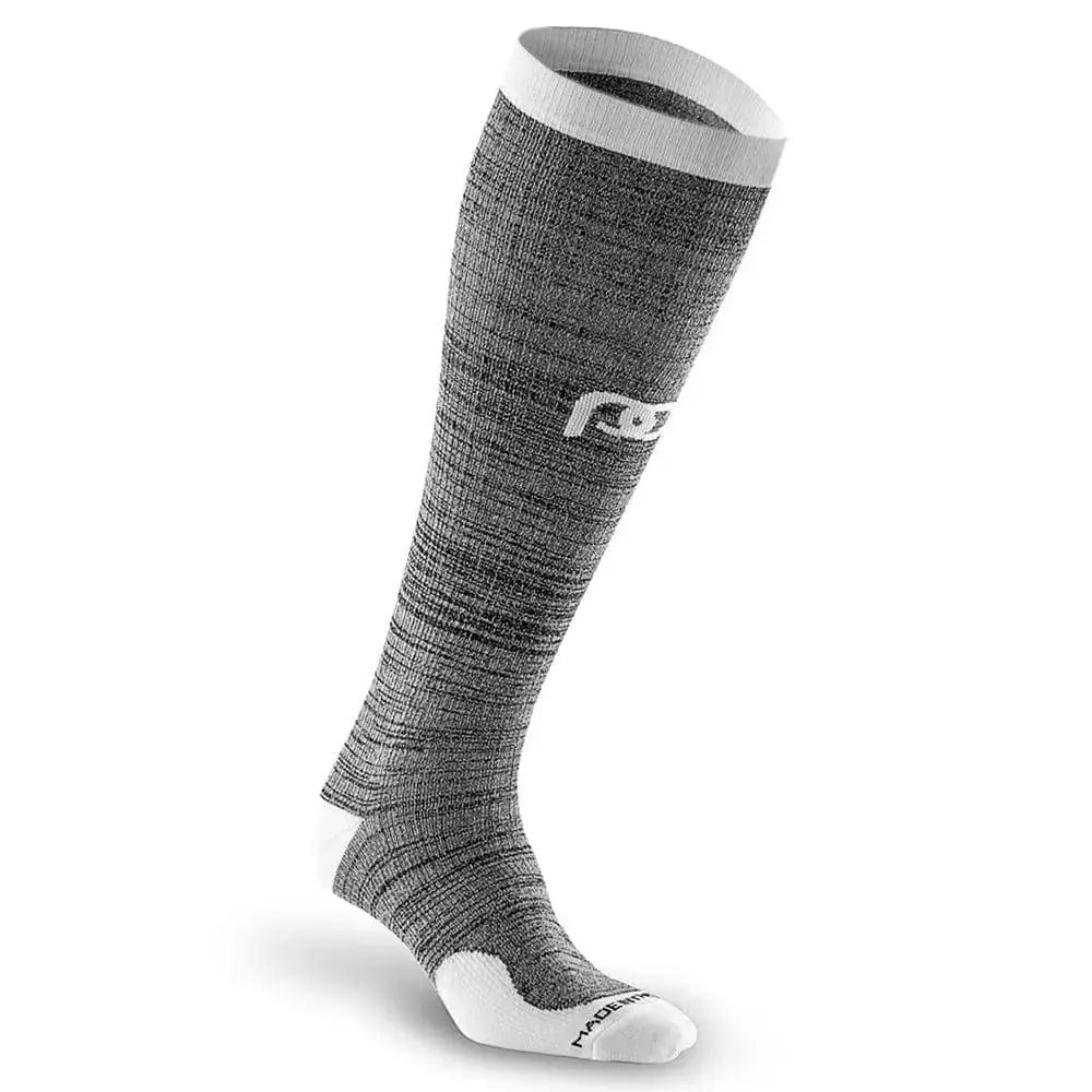 Grey heather slate compression sock for first responders with white trim and logo