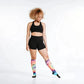 Colorful Rainbow Tie Dye Compression Socks with Black Workout Attire in Marathon Printed Design