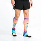 Tie-dye patterned compression socks in vibrant rainbow colors for Marathon Printed collection