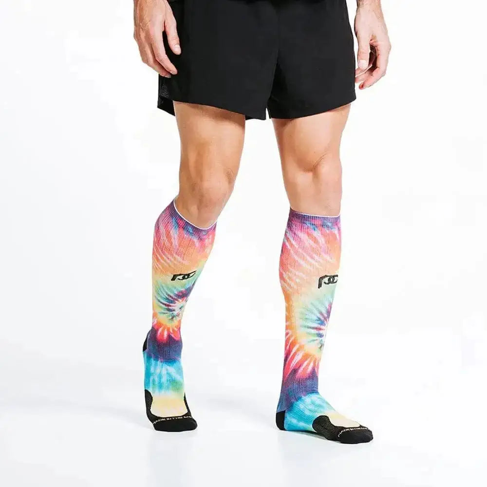 Tie-dye patterned compression socks in vibrant rainbow colors for Marathon Printed collection