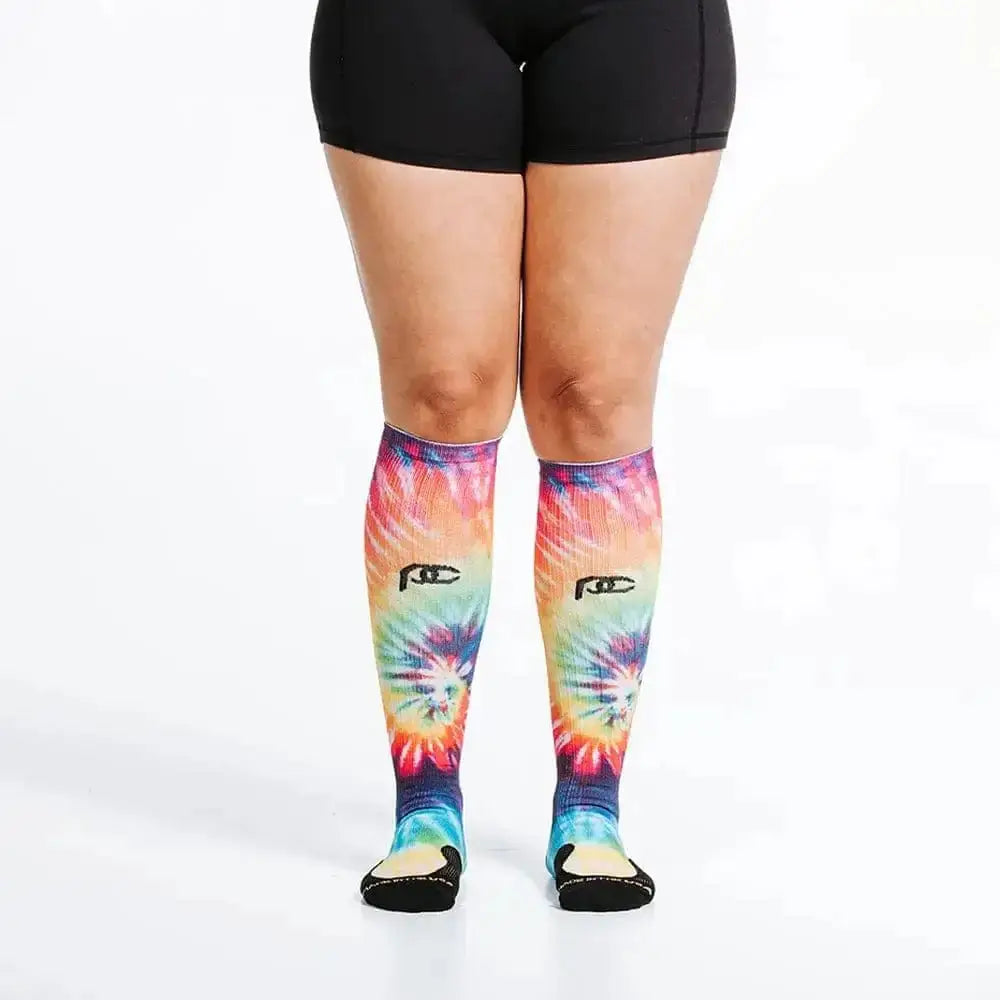 Marathon Printed Rainbow Tie Dye knee-high compression socks with vibrant swirl pattern