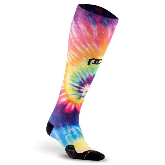 Tie-dyed compression sock featuring rainbow spiral pattern for marathon printed style