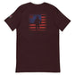 Maroon t-shirt with distressed American flag and military silhouette design