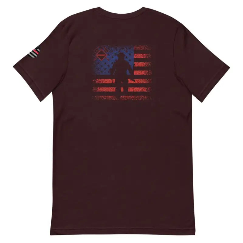 Maroon t-shirt with distressed American flag and military silhouette design