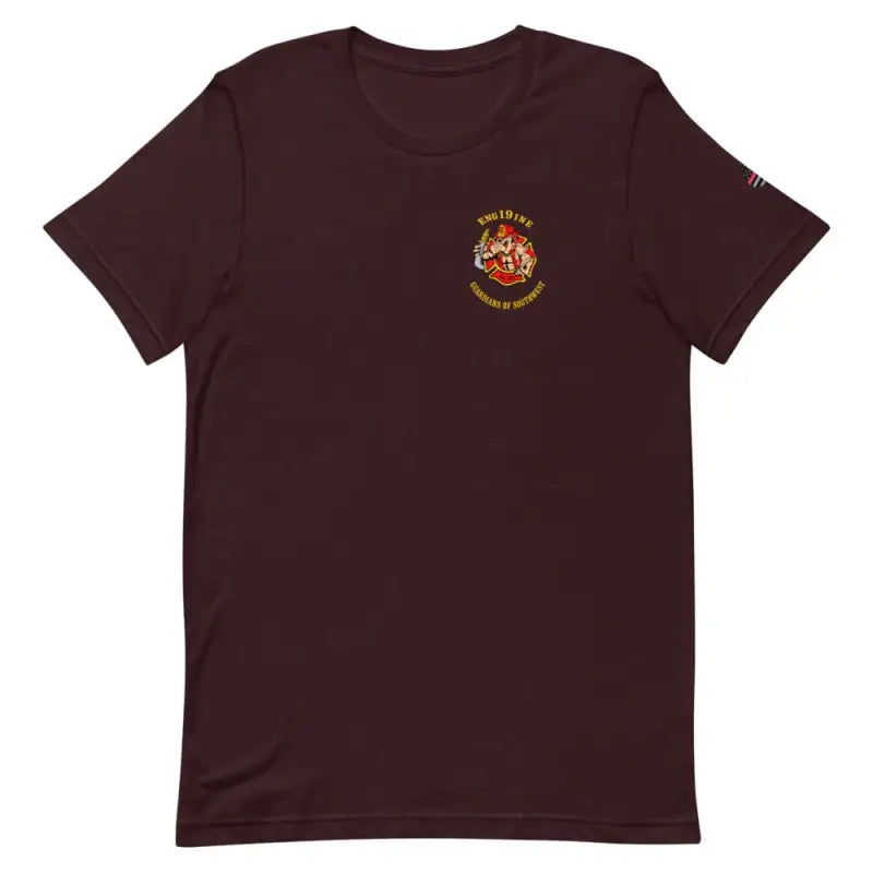 Maroon Engine 19 Short-Sleeve Unisex T-Shirt with embroidered crest logo