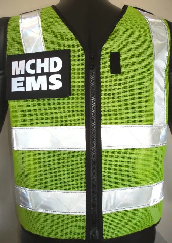 High-visibility lime green MCHD ANSI II Adjustable Vest with reflective stripes