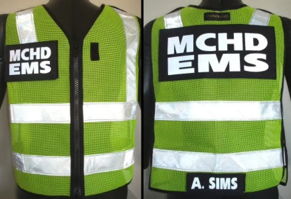 High-visibility lime green MCHD ANSI II Adjustable Vest with reflective stripes