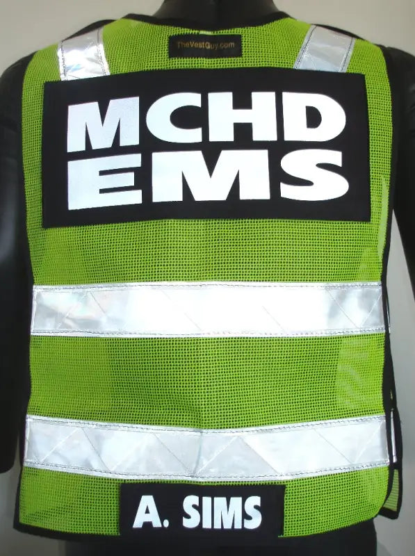 High-visibility lime green MCHD ANSI II adjustable vest with reflective stripes