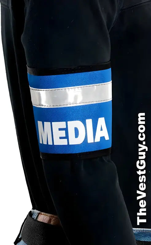 Media reflective armband with blue and reflective white stripes for visibility and safety