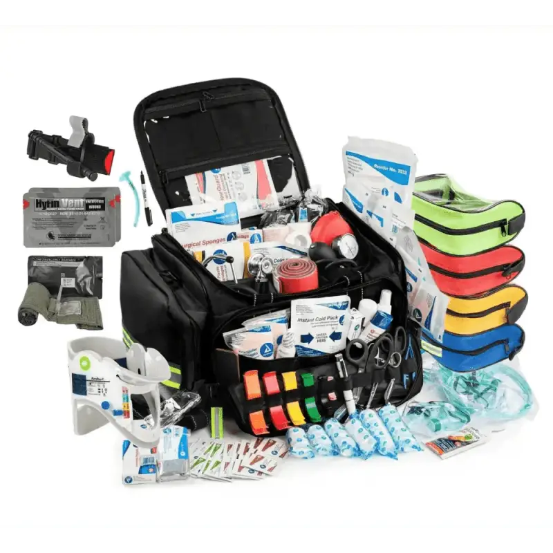 Scherber Premium First Responder Trauma Kit with emergency supplies and colorful pouches