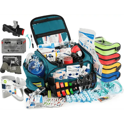 Scherber Premium First Responder Trauma Kit with emergency supplies and colorful pouches