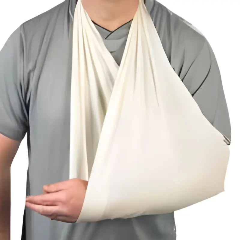 Medical arm sling supporting injured arm with LINE2design Medical Triangular Bandages