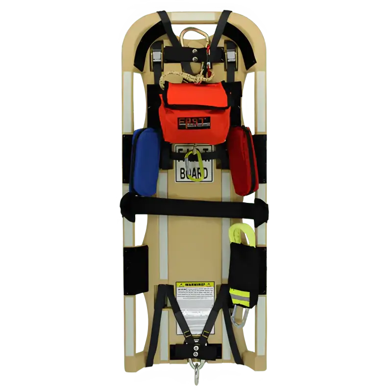 Medical backboard with straps and head immobilizer blocks featuring internal LED lights