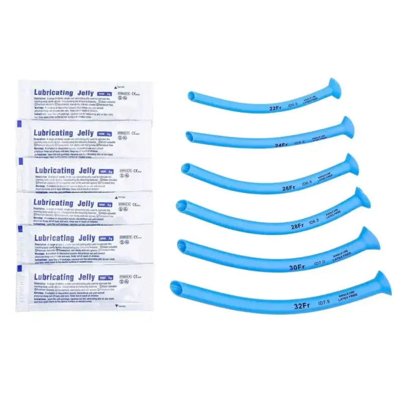 Medical lubricating jelly packets and blue curved catheters in Nasopharyngeal Airway Kit