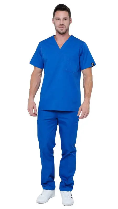 Medical professional in blue classic uniform scrubs and white shoes for Style 101