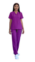 Medical professional in Women’s Gentle Stretch Slim Fit Zipper Set with purple scrubs