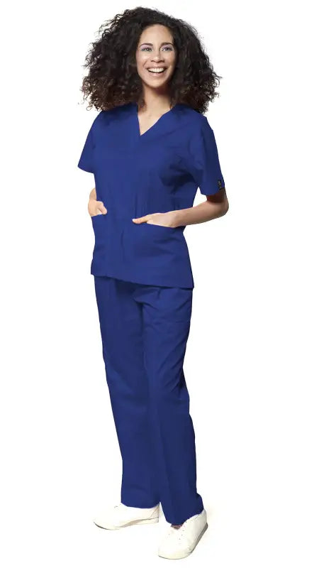 Medical professional in Women’s Classic 8 Pocket Uniform Scrubs with pen slot and white shoes