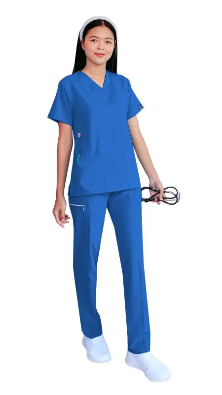 Medical professional in royal blue scrubs from Women’s Gentle Stretch Slim Fit Zipper Set