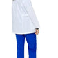 Medical professional in women’s princess-cut short lab coat and bright blue scrubs