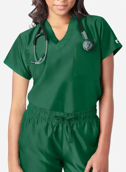 Emerald green Women’s Simple Scrub Top with stethoscope draped around the neck