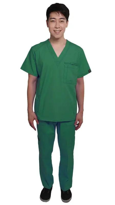 Men’s Multi Pocket Utility Medical Scrubs in green with v-neck top and matching pants