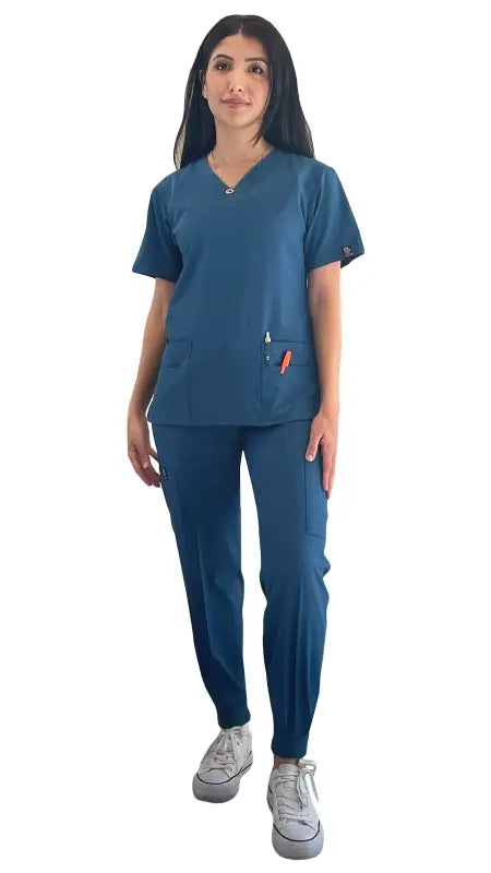 Navy blue Women’s 4-Way Extreme Stretch Jogger Scrubs - Style ST100-JR with matching top and pants