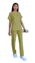 Women’s Gentle Stretch Slim Fit Zipper Set in olive green with light blue footwear