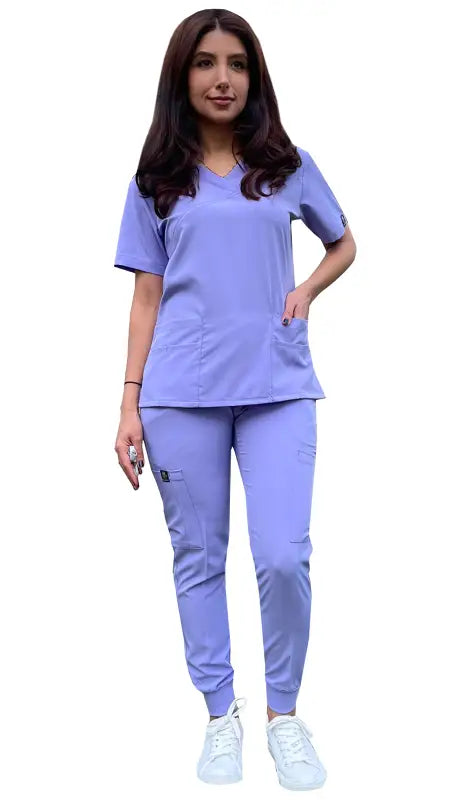 Women’s 4-Way Extreme Stretch Jogger Scrubs in periwinkle blue with matching top and pants