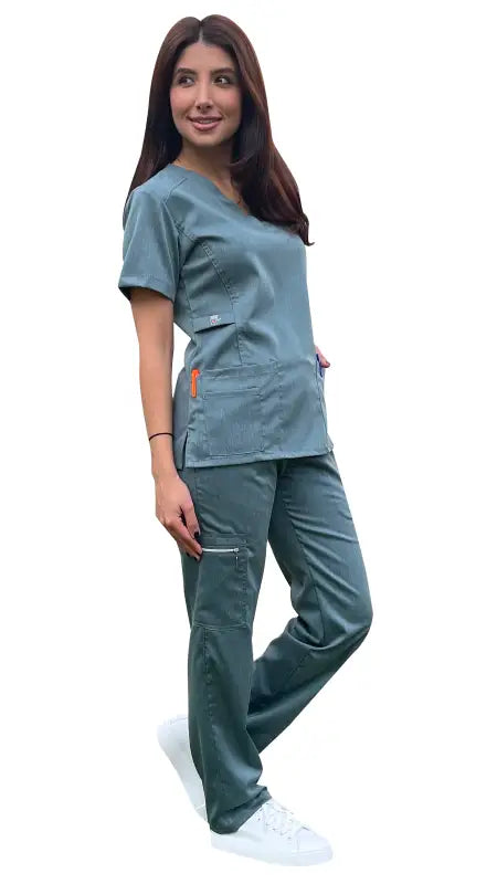 Teal Medical Scrubs Uniform Women’s Gentle Stretch Slim Fit Zipper Set Style ST88