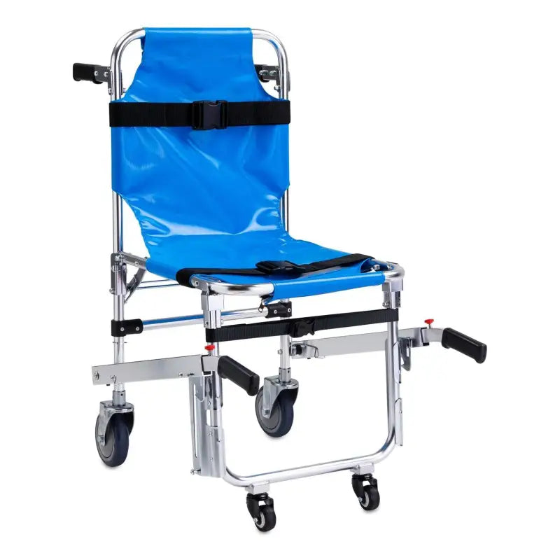 Folding EMS stair chair with blue fabric seat, wheels, and patient restraints straps