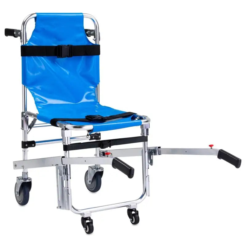 Medical EMS Stair Chair Lift with wheels, blue fabric seat, and patient restraints straps