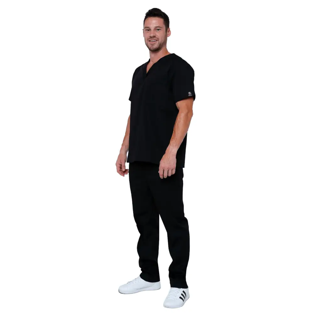 Men’s 6 Pocket Soft Stretch Uniform Scrubs - Style ST101 - Black / Small - Men’s Scrubs Sets