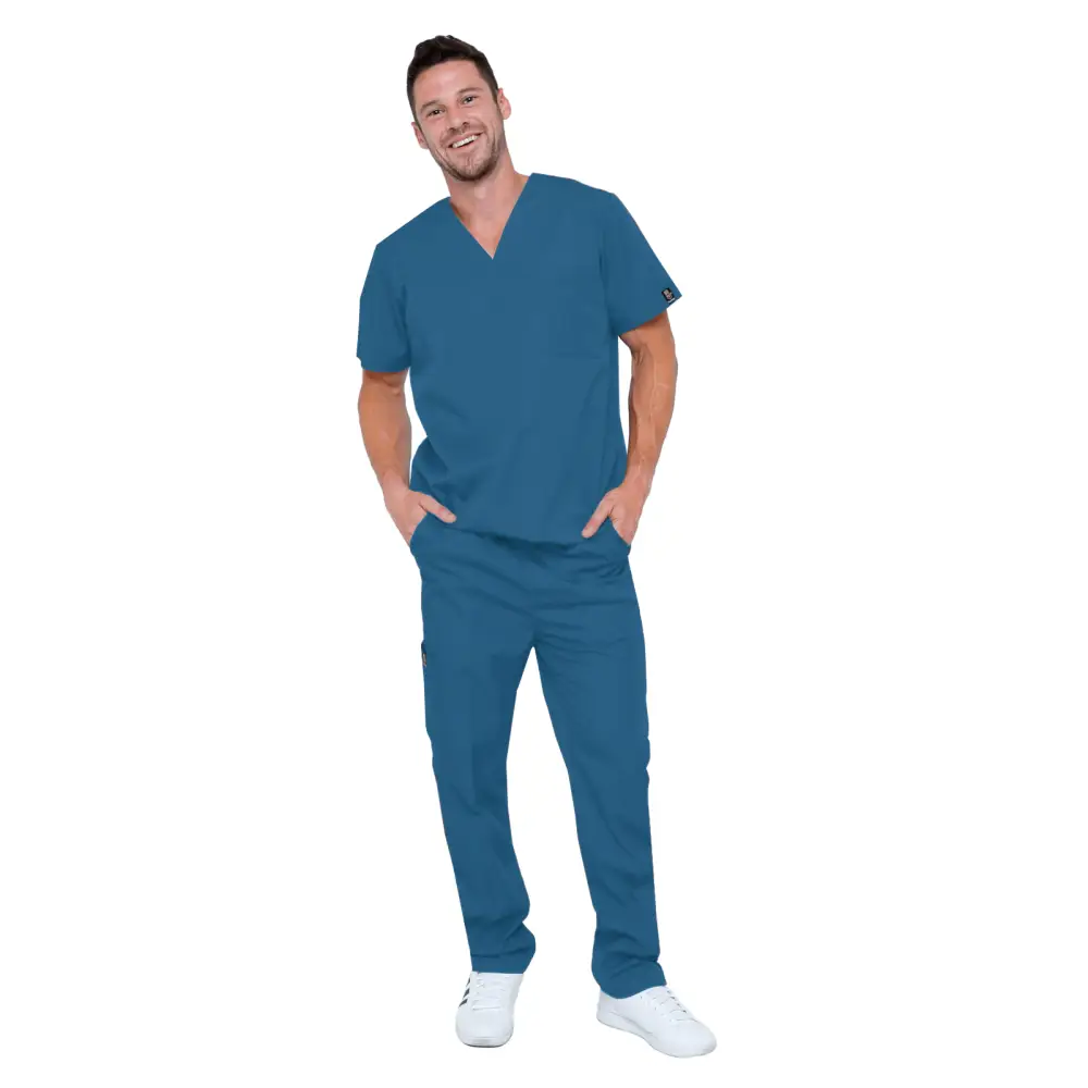 Men’s 6 Pocket Soft Stretch Uniform Scrubs - Style ST101 - Caribbean (Teal Blue) / Small - Men’s Scrubs Sets