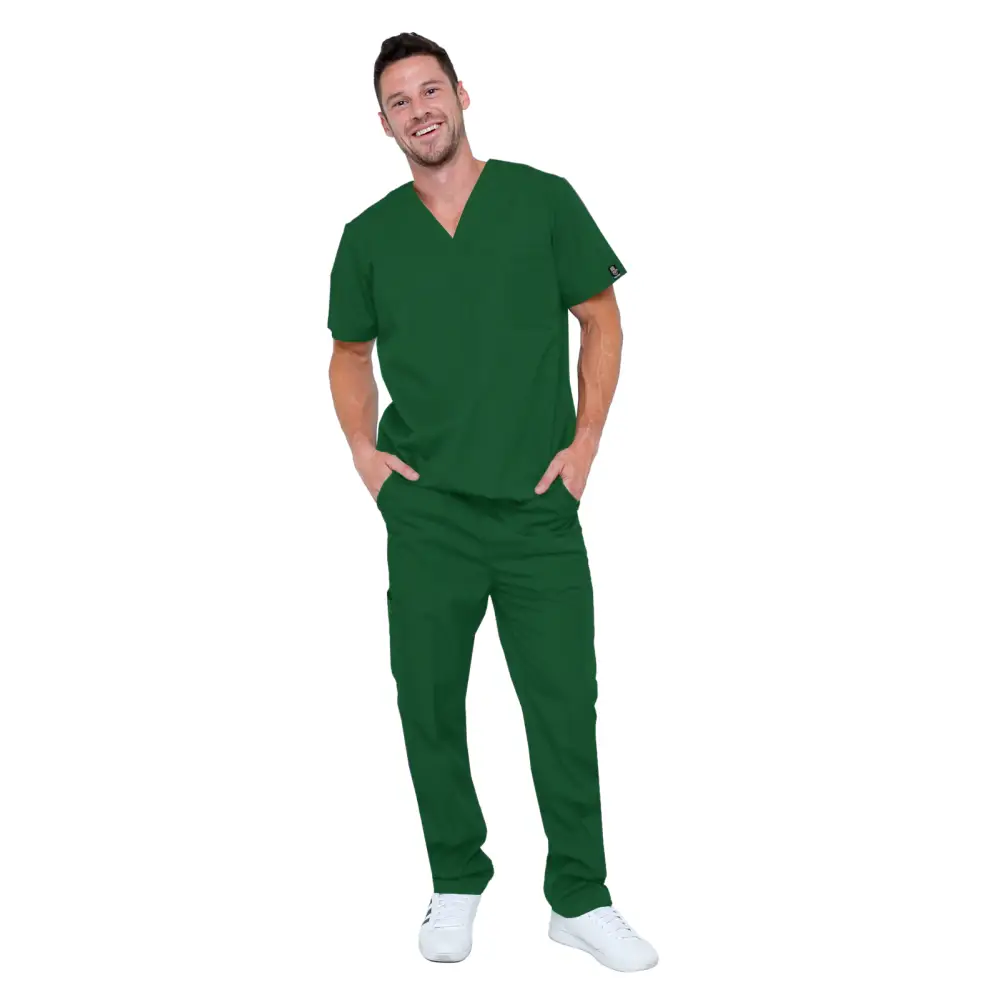 Men’s 6 Pocket Soft Stretch Uniform Scrubs - Style ST101 - Hunter / Small - Men’s Scrubs Sets