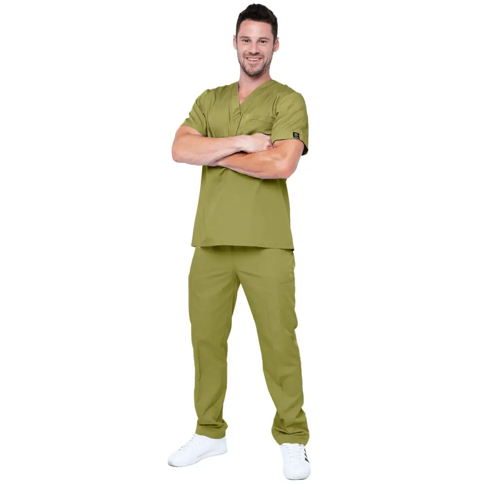 Men’s 6 Pocket Soft Stretch Uniform Scrubs - Style ST101 - Olive / Small - Men’s Scrubs Sets