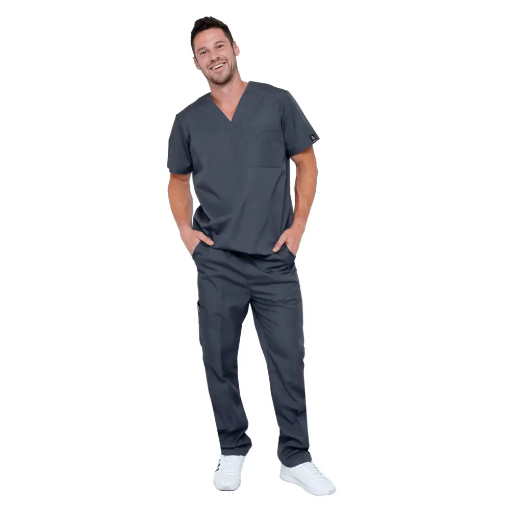 Men’s 6 Pocket Soft Stretch Uniform Scrubs - Style ST101 - Pewter / Small - Men’s Scrubs Sets