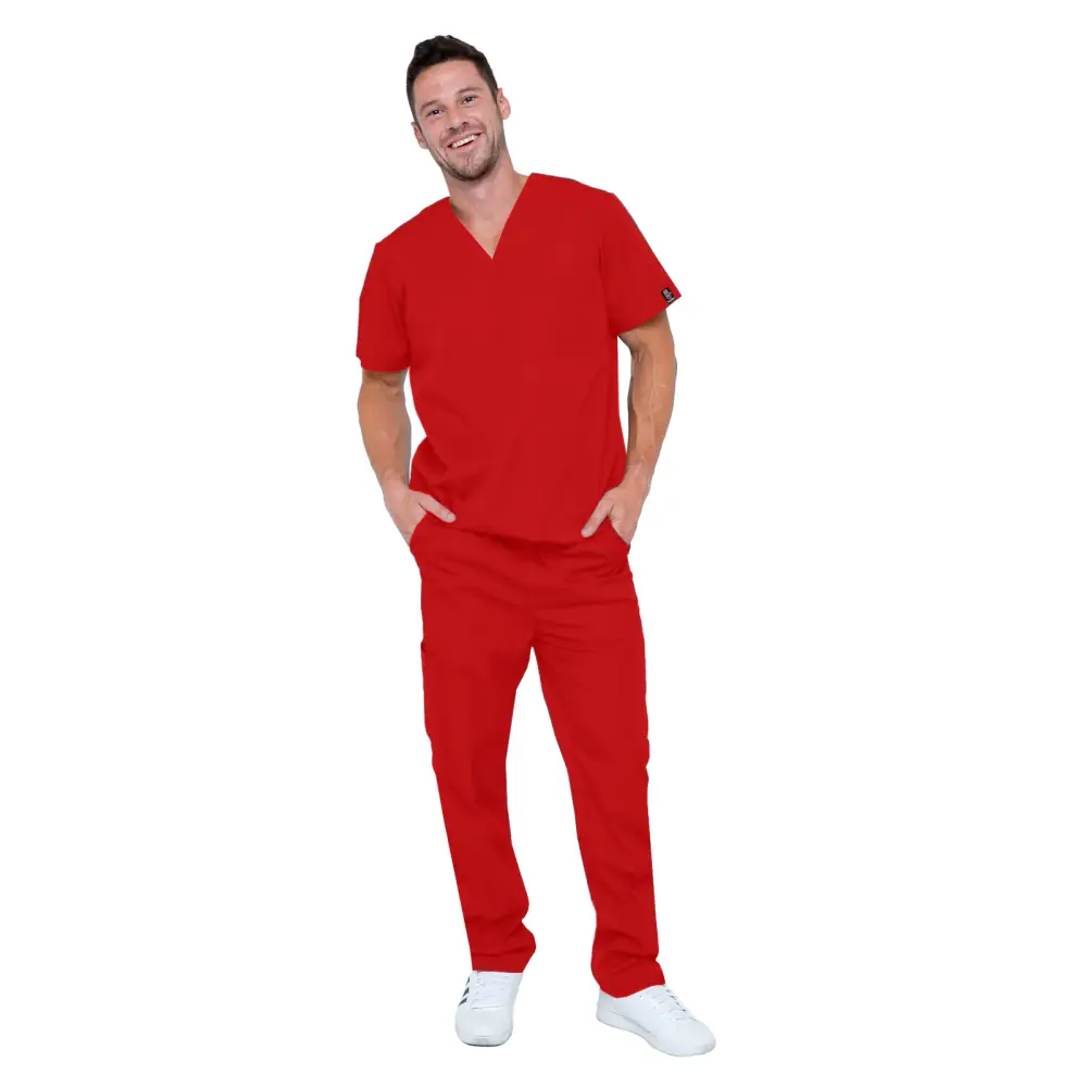 Men’s 6 Pocket Soft Stretch Uniform Scrubs - Style ST101 - Red / Small - Men’s Scrubs Sets