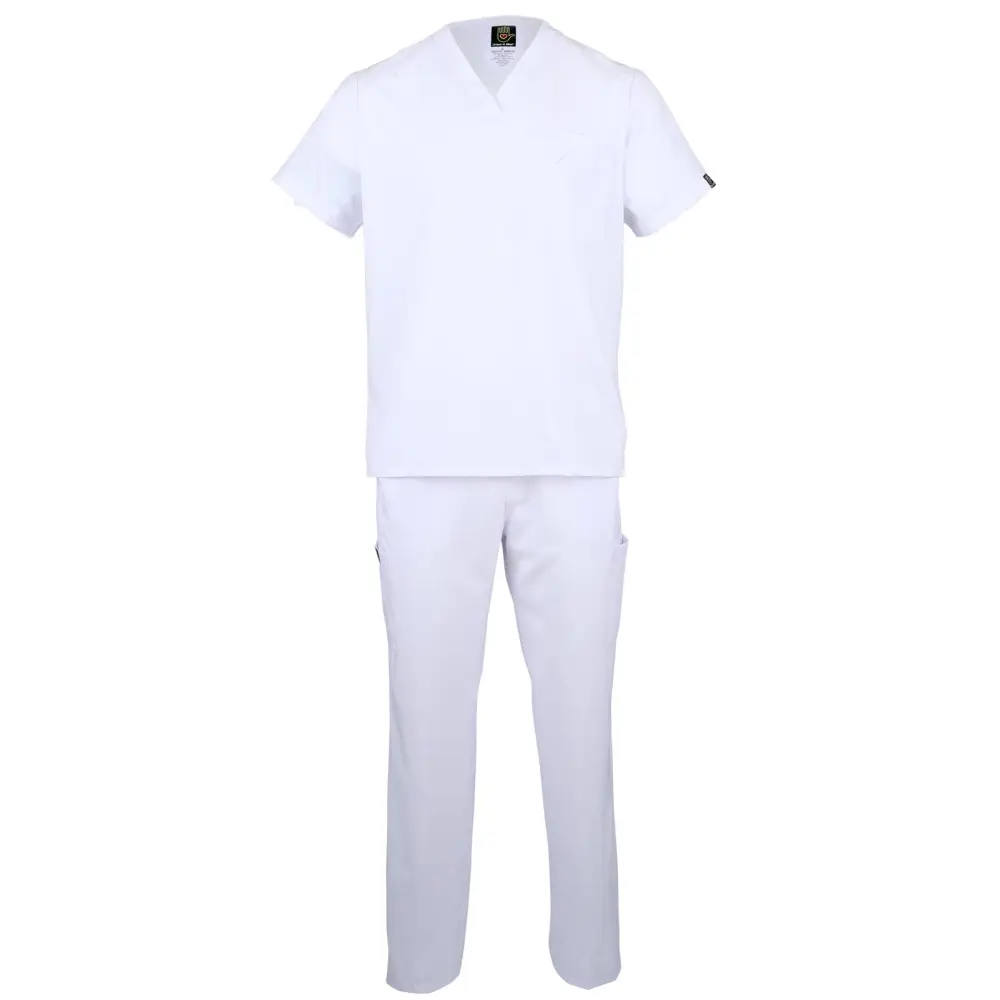 Men’s 6 Pocket Soft Stretch Uniform Scrubs - Style ST101 - White / Small - Men’s Scrubs Sets