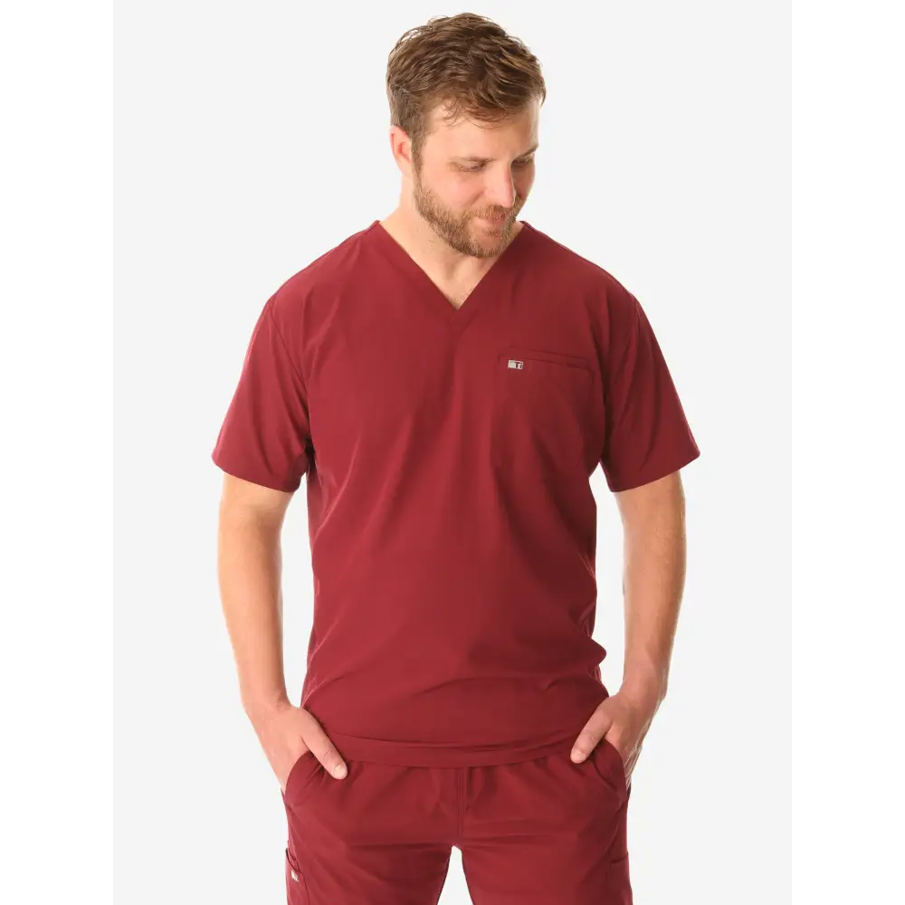 Men’s Double-Pocket Scrub Top - Bold Burgundy / XS - Men’s Scrub Top