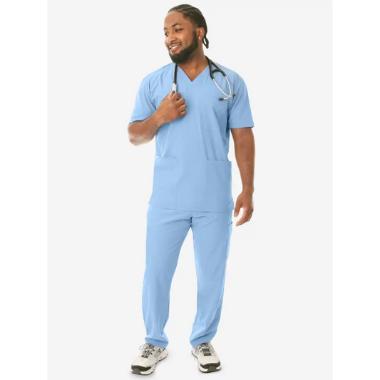 Healthcare worker in light blue medical scrubs showcasing Men’s Five-Pocket Scrub Top