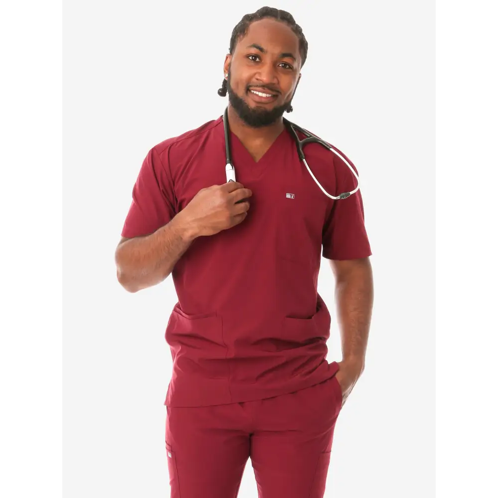 Men’s Five-Pocket Scrub Top - Bold Burgundy / XS - Men’s Scrub Top