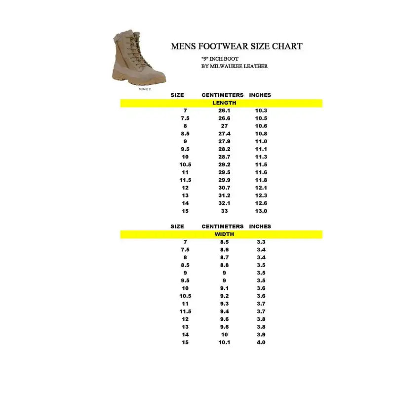 Men’s footwear size chart for Milwaukee Leather Desert Sand 9-Inch Tactical Boots