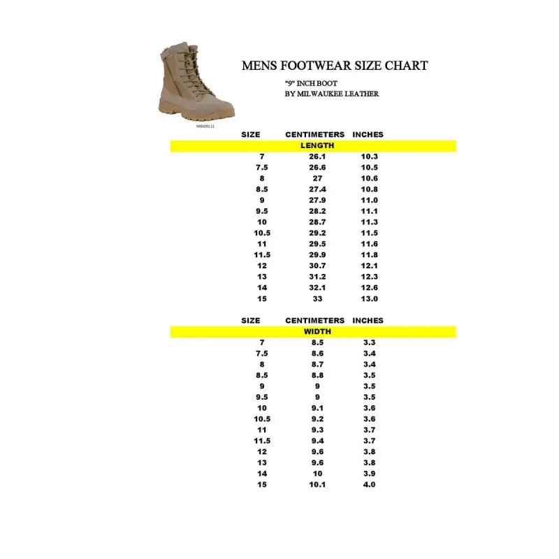 Men’s footwear size chart for Milwaukee Leather Desert Sand 9-Inch Leather SWAT Style-Tactical Boots