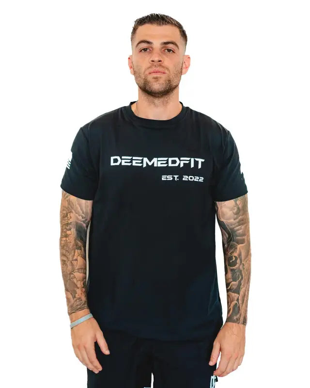 Black Men’s Gym Tee Compellence featuring DEEMEDFIT EST. 2022 and American flag design