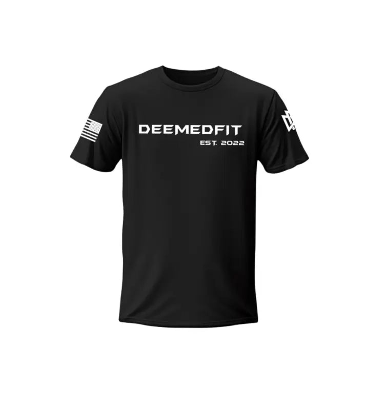 Black Men’s Gym Tee Compellence with DEEMEDFIT text and American flag graphics