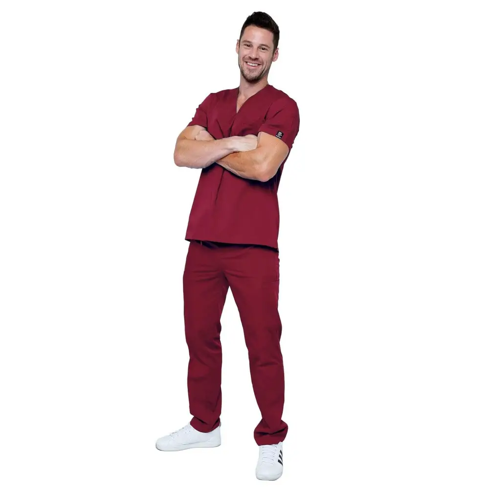 Men’s Lightweight 6 Pocket Classic Uniform Scrubs - Style 101 - Maroon / Small - Men’s Scrubs Sets