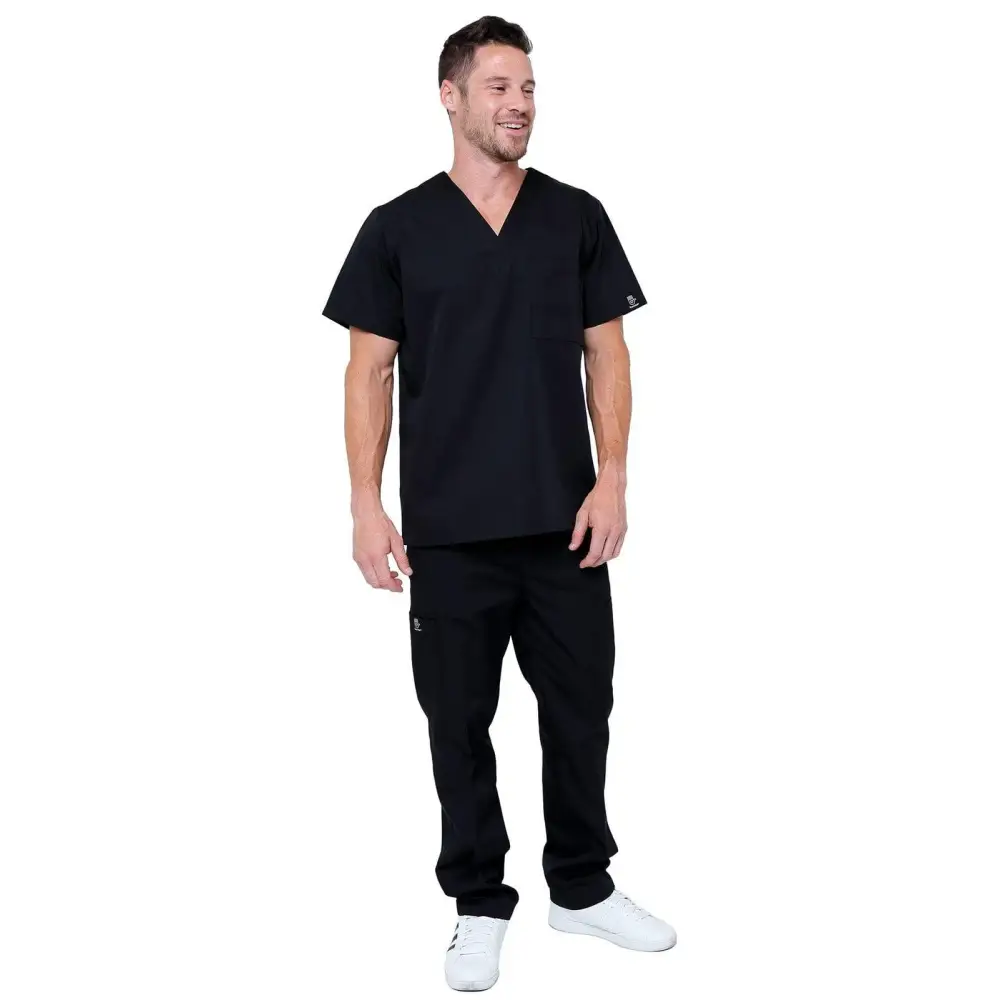 Men’s Lightweight 6 Pocket Classic Uniform Scrubs - Style 101 - Black / Small - Men’s Scrubs Sets