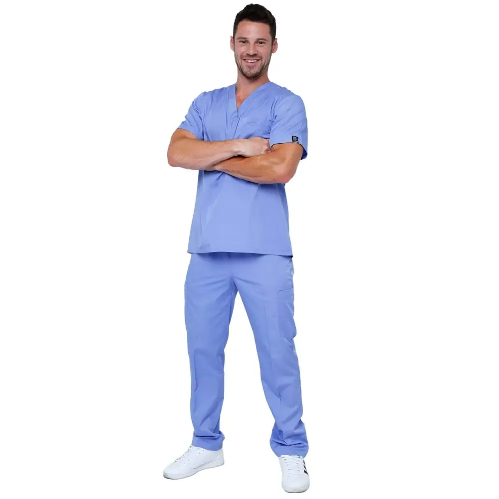 Men’s Lightweight 6 Pocket Classic Uniform Scrubs - Style 101 - Ciel / Small - Men’s Scrubs Sets