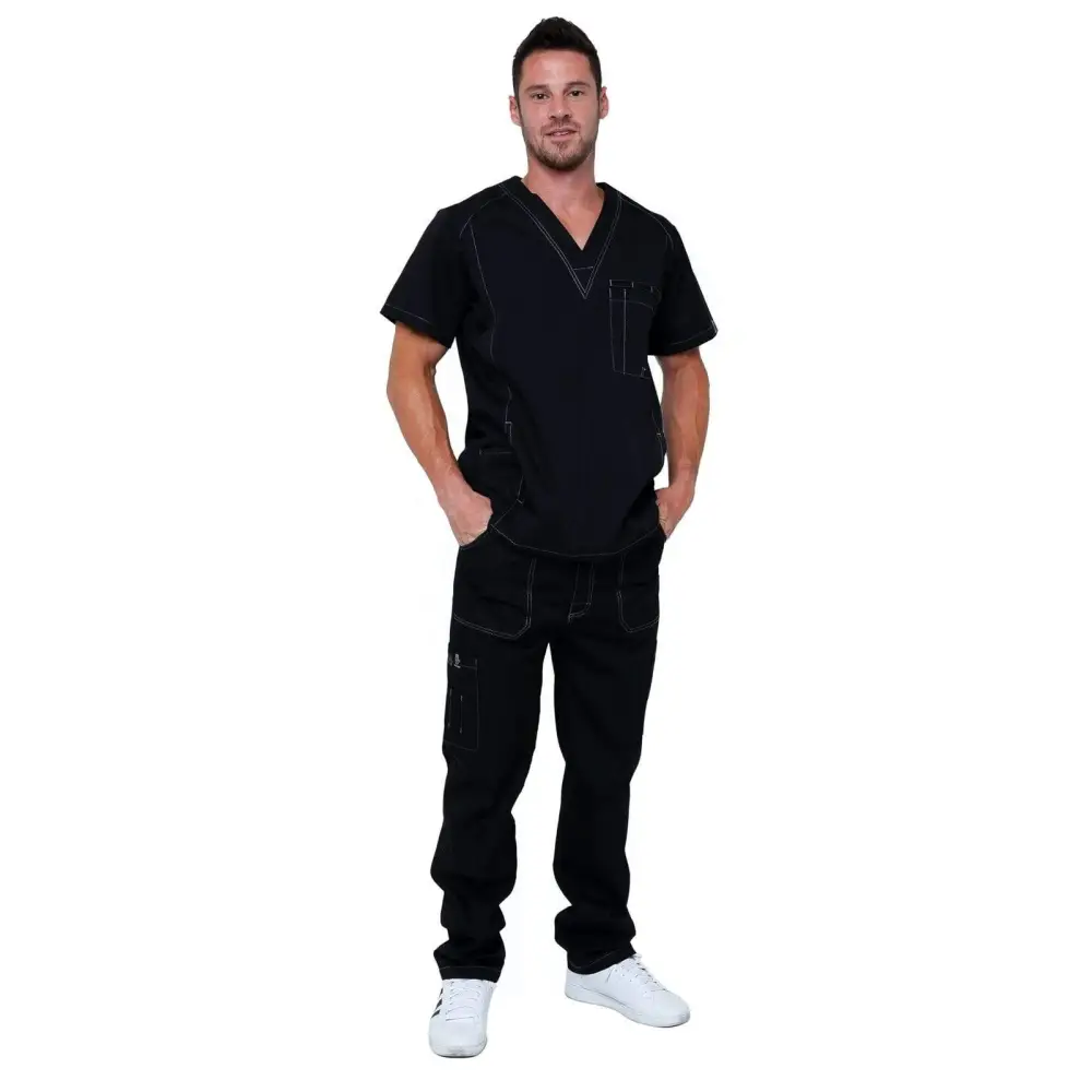 Men’s Multi Pocket Utility Medical Scrubs - Style 102AV - Black / S - Men’s Scrubs Sets